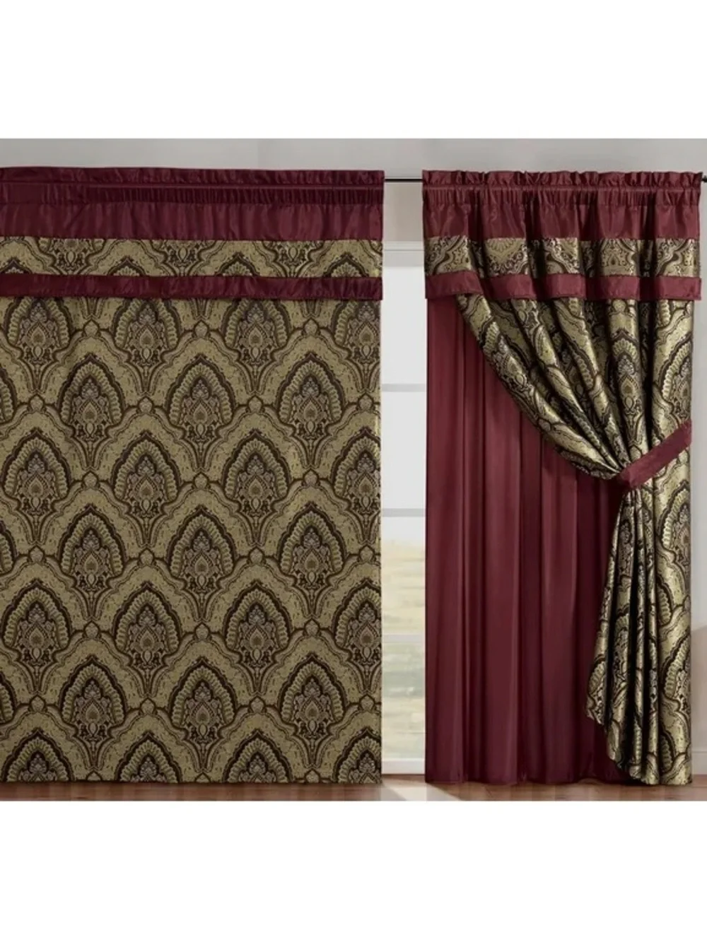 Burgundy and Gold Damask Window Curtain Panel Set